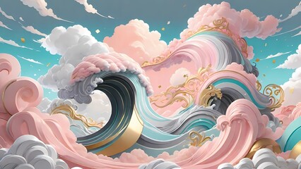 theme of abstract, pastel-colored wave and cloud formations with a three-dimensional, digital art style