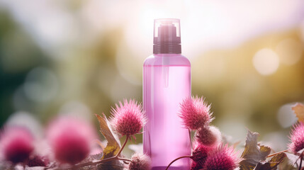 Obraz na płótnie Canvas Burdock shampoo and blurred background with Burdock blooms.