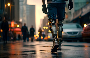 hyper realistic photo . Low angle view at disabled young man with prosthetic leg walking along the street .close up.