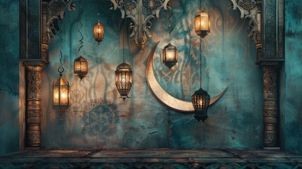 hanging lanterns and a crescent moon, in the style of opulent wall hangings, featuring a color palette of dark white and sky-blue, adorned with intricate decorative borders and patterns.