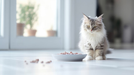 Cat eats food from a bowl, a light white modern apartment at blurred background