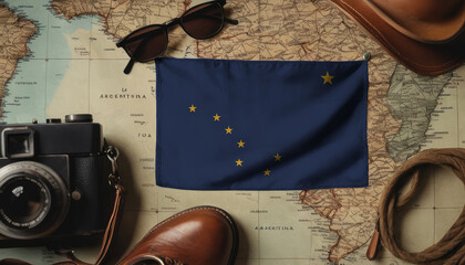 Alaska flag lies on the map surrounded by camera, glasses, travel and tourism concept