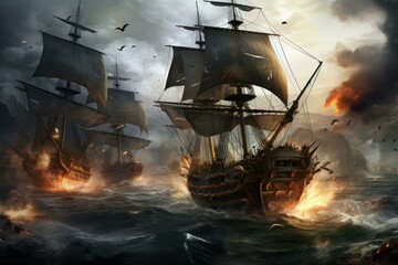 Thrilling Pirate ships battle. Sail war fog. Generate Ai - obrazy, fototapety, plakaty
