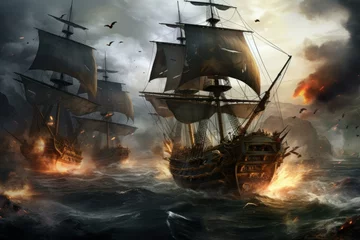 Poster Thrilling Pirate ships battle. Sail war fog. Generate Ai © juliars
