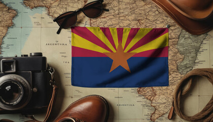 Arizona flag lies on the map surrounded by camera, glasses, travel and tourism concept