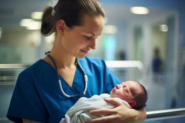 Young nurse holding newborn baby in her arms in maternity ward. After birth concept. Female Pediatrician Care at Hospital. - 736523114
