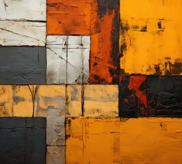 An abstract painting with orange, black and white squares. Generative AI.