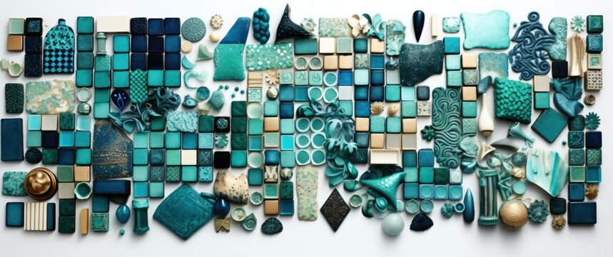 A wall of blue and green tiles arranged in a pattern. Generative AI.