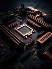 A close up of a computer motherboard. Generative AI.