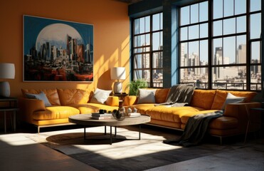 A living room with orange furniture and a large painting. Generative AI.