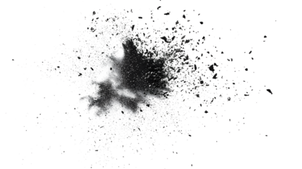 Black chalk pieces and dust flying, effect explode isolated on white