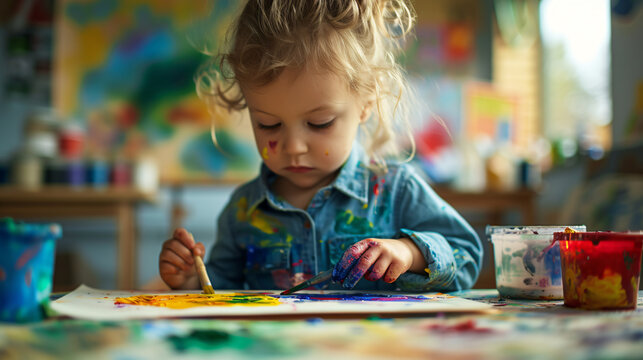 A vibrant and lively image of a young child immersed in their art class, a burst of color exploding from their paintbrush onto the canvas, capturing the essence of creativity and the joy of