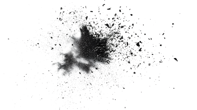 Black chalk pieces and dust flying, effect explode isolated on white