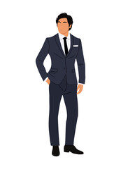Businessman character. Handsome young man wearing formal suit standing full body front view. Vector realistic illustration isolated on transparent background.
