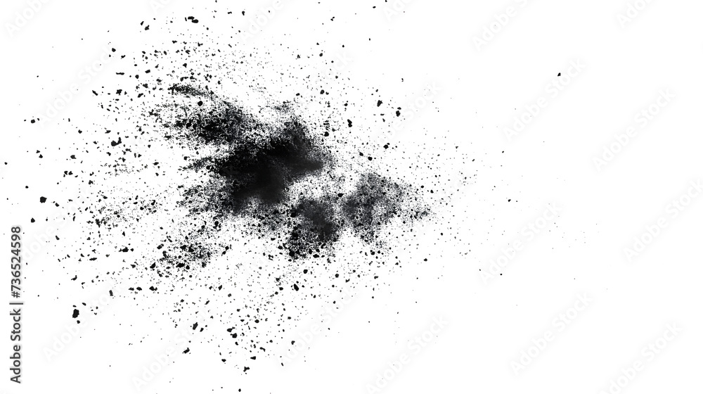 Poster Black chalk pieces and dust flying, effect explode isolated on white