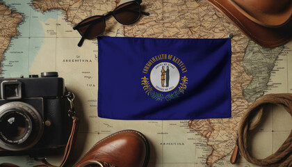 Kentucky flag lies on the map surrounded by camera, glasses, travel and tourism concept