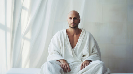 Man in a white bathrobe relaxing at home on a light background