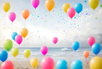 Colorful balloons and confetti floating with a beach in the background
