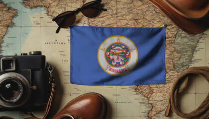 Minnesota flag lies on the map surrounded by camera, glasses, travel and tourism concept