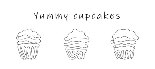Set of cupcakes in style of continuous one line drawing with text Yummy Cupcakes. Simple line art of muffins with wavy frosting. Black and white vector. Design elements for greeting, postcard, print,
