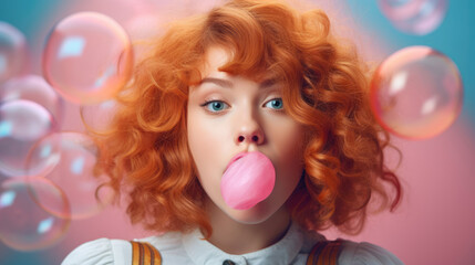Obraz na płótnie Canvas Girl blows a bubble from bubble gum on a bright vibrant background