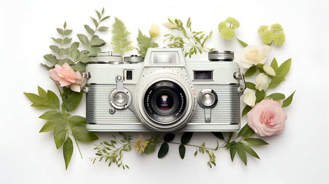 Vintage retro photo camera, pink roses the fairy and green leaves on white background. Flat lay, top view.