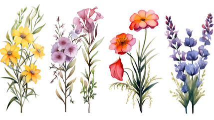 set of different beautiful bouquets wild flowers flat illustration. - obrazy, fototapety, plakaty