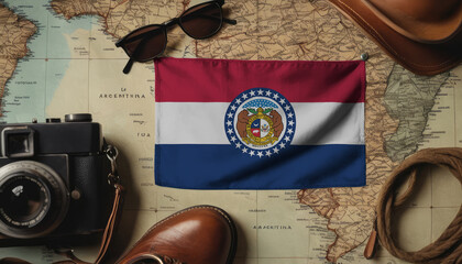 Missouri flag lies on the map surrounded by camera, glasses, travel and tourism concept