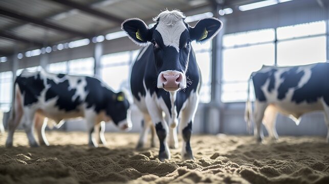 A close-up portrait of a dairy cow in a barn