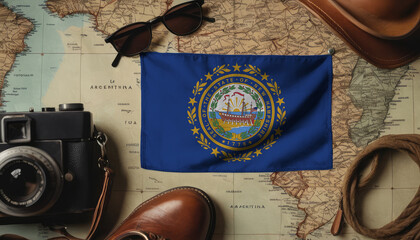 New Hampshire flag lies on the map surrounded by camera, glasses, travel and tourism concept