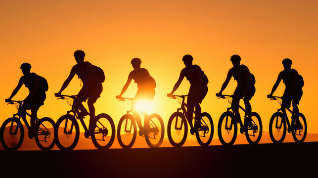 Group of mountain bikers, silhouetted against the rising sun