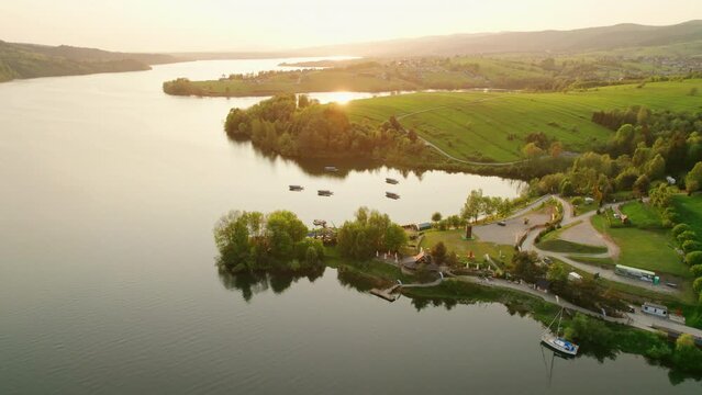 Picturesque aerial view of the banks of Lake Czorsztyn during sunset, Poland