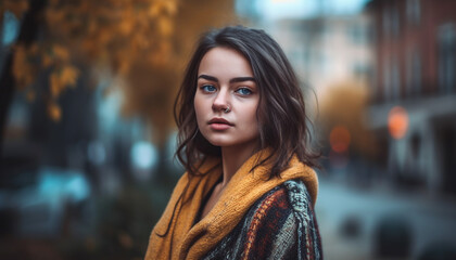 Young woman with brown hair, looking at camera, exuding elegance generated by AI