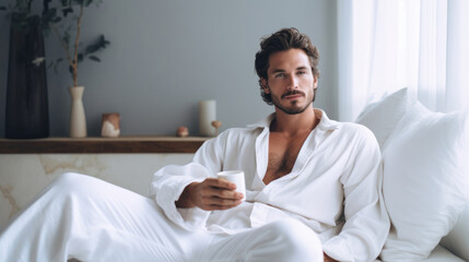 Man in a white bathrobe relaxing at home on a light background