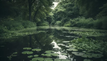 Gordijnen Tranquil scene  nature beauty reflected in a wet, green landscape generated by AI © djvstock