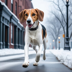 The dog breed American Foxhound in a snowy city streets. Generative AI