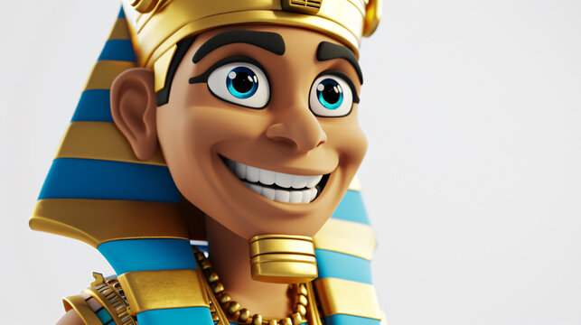 A captivating and lively 3D portrait of a cheerful pharaoh, radiating warmth and happiness. This simple cartoon illustration showcases the pharaoh's charming smile, drawing viewers in with i