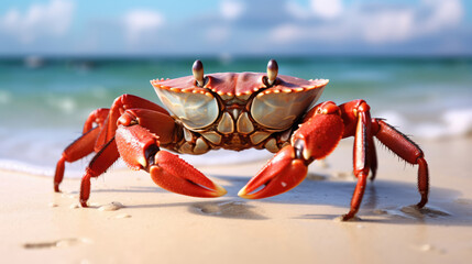 Fototapeta premium Magnificent crab on the beach, blurred sea background
