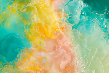 fond, background coloré jaune, bleu, rose et vert, encres mélangée dans l'eau. Espace négatif...