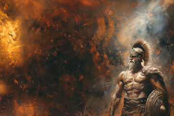 Dieu Ares, dieu de la guerre, dans la mythologie grecque, fils de Zeus et de Héra, dieu Mars pour les romains, il participe à la guerre de Troie. Ici en guerrier sur fond texturé avec copyspace  - obrazy, fototapety, plakaty