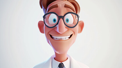 A charming 3D illustration featuring a cheerful scientist wearing a lab coat and goggles, beaming with enthusiasm and intelligence. This close-up portrait captures the essence of scientific