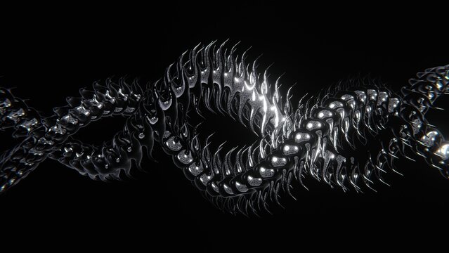 Abstract 3D chrome snake shape dragon skin scales infinity knot DNA background. Computer graphics rendered wallpaper 4K
