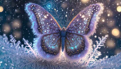 linda mariposa psicodélica peluda sentada en invierno en un copo de nieve, hiperrealista - obrazy, fototapety, plakaty