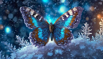 linda mariposa psicodélica peluda sentada en invierno en un copo de nieve, hiperrealista - obrazy, fototapety, plakaty