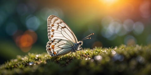 A beautiful butterfly sitting on top of a moss covered ground