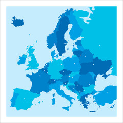 Political map of Europe. Blue colored blank vector map with capital cities of european countries.