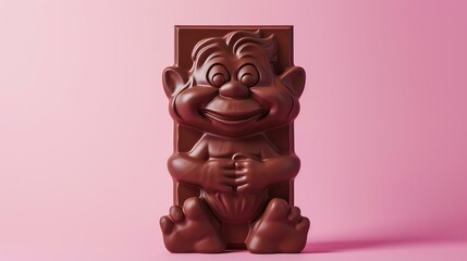 A mouth-watering, hyper-realistic chocolate bar in the shape of an adorable troll, captured beautifully in this stunning image. Isolated on a dreamy pastel pink background, this delectable t