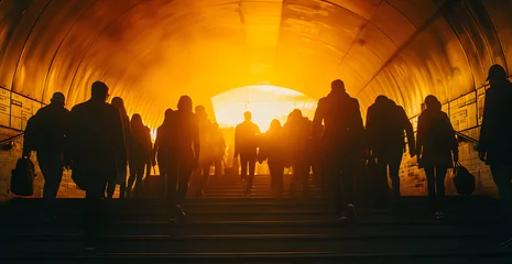 Foto op Canvas NYC street photography, sunset, coming out of the subway, people walking down the steps © ClicksdeMexico