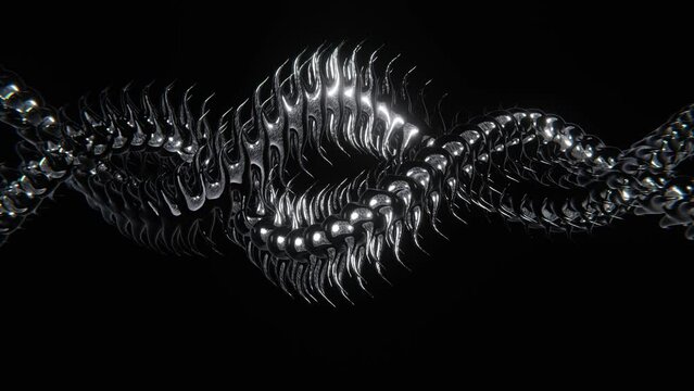 Abstract chrome 3D snake shape dragon skin scales infinity knot DNA background. Seamless loop animation 4K 30 fps