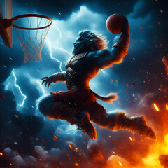 Monster basketball player slam dunk the ball into basket. Fantasy scene with fire, flame, smoke and explosion, background is snow, thunderbolt, flashlight and blizzard. Wallpaper and Wall Art - obrazy, fototapety, plakaty
